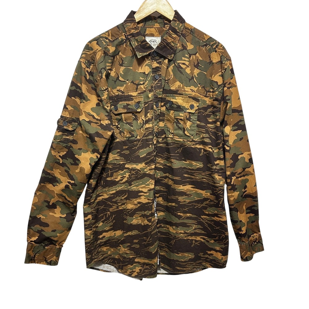 Ecko Unltd Mens Button Shirt XL Camo Print Y2K Grunge Streetwear Edgy Rhino Logo